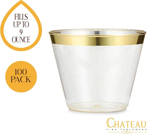 Miniatura 4 de Paquete de 100 vasos de plástico de 9 onzas con purpurina dorada con borde dorado, tazas de fiesta de alta calidad, elegantes y resistentes, bodas