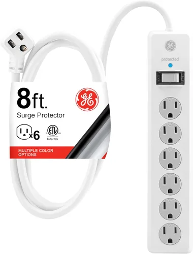 GE - Barra multicontacto con protector de sobretensión, cable de extensión de 2.4 m, 6 tomas, 800 joules, clavija plana, cubiertas de seguridad