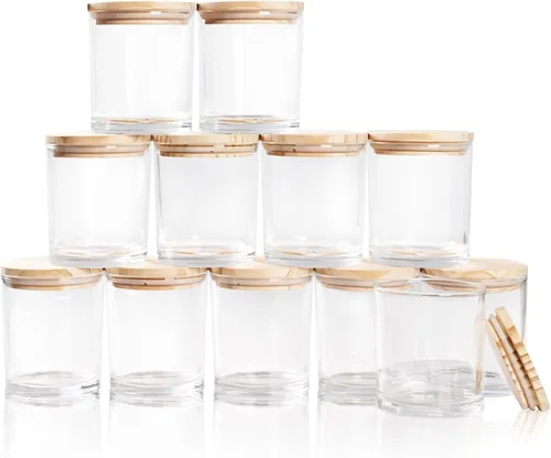 Miniatura 16 de SHOWIN Tarros de vela gruesos de 14 OZ para hacer velas 12 Piezas, tarros vacíos de 3 mechas con tapas de madera para hacer velas, recipiente