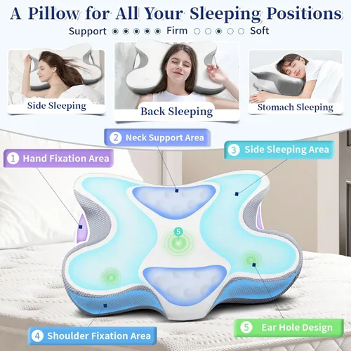 Miniatura 4 de Almohada cervical para aliviar el dolor de cuello, almohadas ergonómicas de contorno lateral para adultos, almohadas refrescantes de espuma Blanco