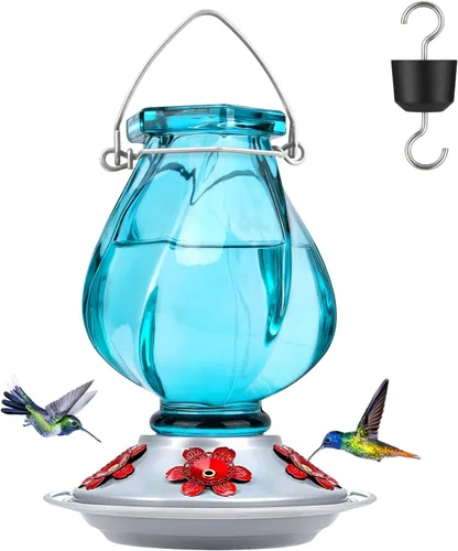 Miniatura 11 de BOLITE - Alimentador de colibríes, de vidrio soplado a mano, diseño torcido, para exteriores, con trampa para hormigas y cinco puertos de Azul