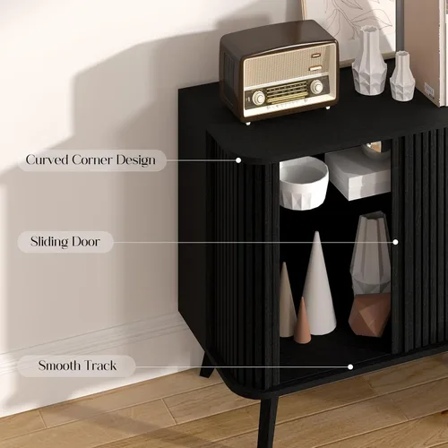Miniatura 8 de Armario estriado de 27 pulgadas con puertas correderas, armario de almacenamiento moderno con patas para sala de estar o entrada, color negro