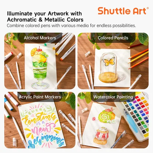Miniatura 7 de Shuttle Art - Bolígrafos de colores, 22 tonos negro, blanco, gris y metálico, lindos bolígrafos para diario, 0.6mm de punta fina, bolígrafos de gel