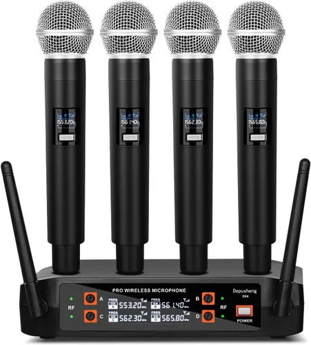Depusheng DX4 Micrófono Inalámbrico, Sistema Profesional de Karaoke de 4 Canales de Mano para Karaoke en Casa, Reuniones, Fiestas, Iglesia, DJ,