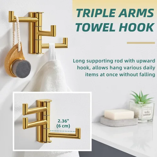Miniatura 4 de APLusee Gancho giratorio para toalla, gancho plegable de acero inoxidable 304 con tres brazos giratorios, colgador de almacenamiento flexible