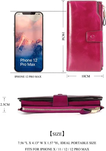 Miniatura 5 de Demon&Hunter Cartera de piel auténtica con bloqueo RFID de gran capacidad para mujer DZA2083, DZA2083R x Rosa, Cartera RFID