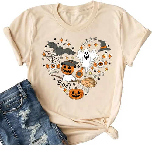 Miniatura 27 de Woffccrd - Camisetas divertidas con estampado de calabaza y leopardo para mujer, camisetas gráficas de manga corta de Halloween para mujer