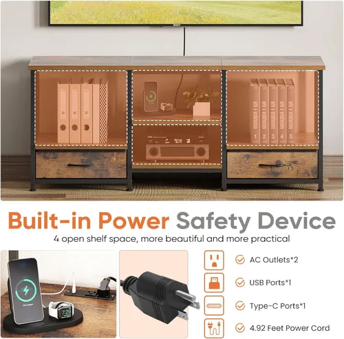 Miniatura 6 de DUMOS Soporte de TV de 47 pulgadas para televisores de 55 pulgadas, centro de entretenimiento con estación de carga (2AC+USB + tipo C), mesa consola