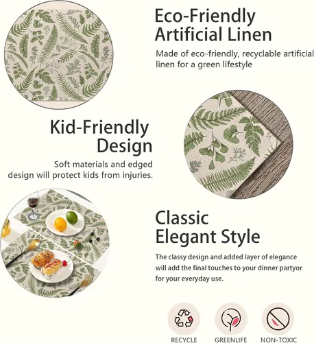 Miniatura 3 de Juego de 6 manteles individuales con diseño de helechos tropicales, con hojas florales botánicas, antideslizantes, resistentes al calor, lavables