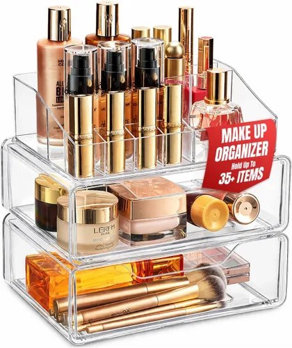 Masirs Organizador de maquillaje acrílico transparente con cajones, almacenamiento de tocador cosmético para cuidado de la piel, accesorios para el