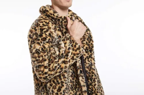 Miniatura 6 de UMREN Abrigos de piel sintética de leopardo para hombre, chaqueta larga de lujo, parka cárdigans