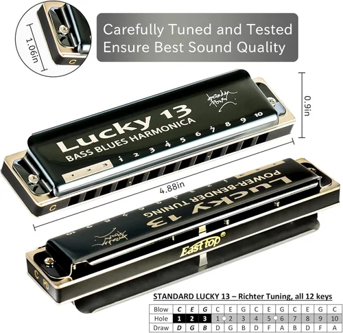 Miniatura 4 de East top Lucky 13 Bass Plus Blues Armónica 13 Agujeros Diatónica Arpa Boca Órgano Profesional Richter Armónica C clave para adultos Clave de C