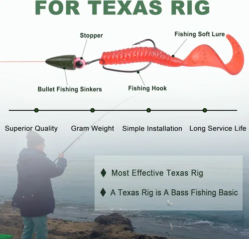Miniatura 4 de Juego de 68 pesos de pesca con bala, 68 piezas de pesos de gusano pintados, plomos de pesca, pesos de equipo de Texas, juego surtido para pesca