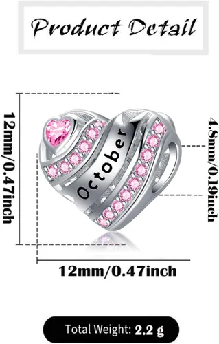 Miniatura 3 de Dijes de corazón de piedra natal para pulsera, plata de ley 925, dijes de corazón de amor para pulseras y collares, regalos de cumpleaños