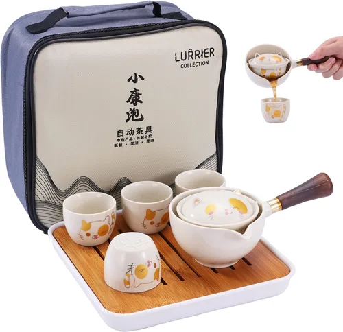 Miniatura 9 de LURRIER Juego de té chino de porcelana Gongfu, juego de tetera portátil con rotación de 360 grados, tetera y infusor, juego todo en uno portátil