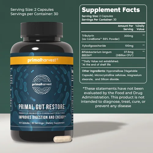Miniatura 2 de Restore for Gut Health by Primal Harvest, Primal Gut Restore w/ POSTbiotics, PREbióticos y PRObióticos para mujeres y hombres, 60 CT - Digestión