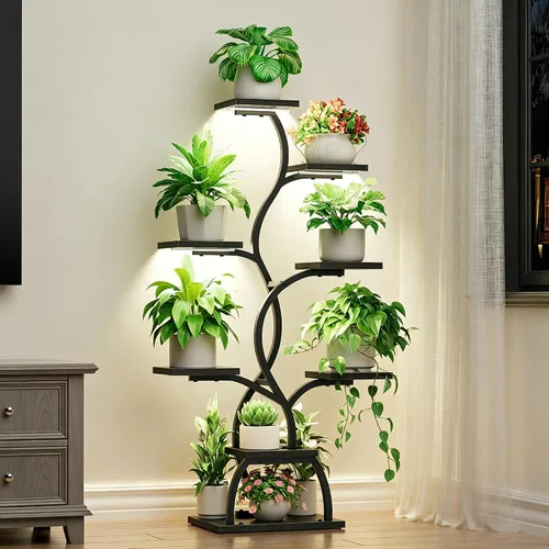 Miniatura 11 de EVAWOO Soporte para plantas de interior con luz de crecimiento, estante para plantas de 8 niveles para interiores, soporte de esquina para plantas