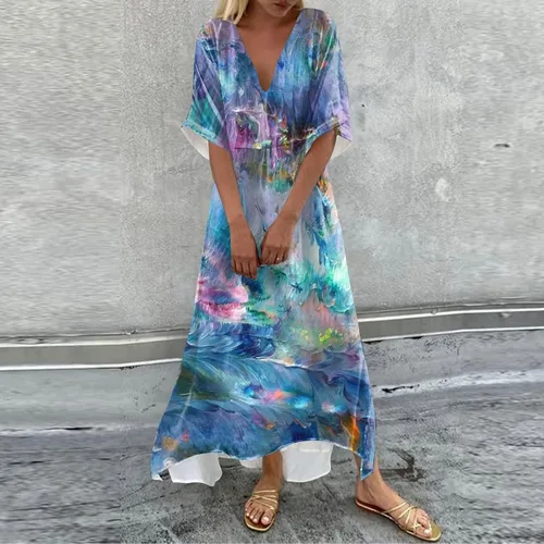 Miniatura 2 de ADHOWBEW Vestido midi de manga corta con cuello en V floral para mujer, talla grande, con bolsillos