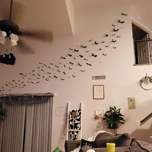 Miniatura 6 de Decoración de pared de murciélagos, 100 piezas 3D de murciélagos de Halloween, 6 tamaños diferentes de PVC negro adhesivo de murciélago