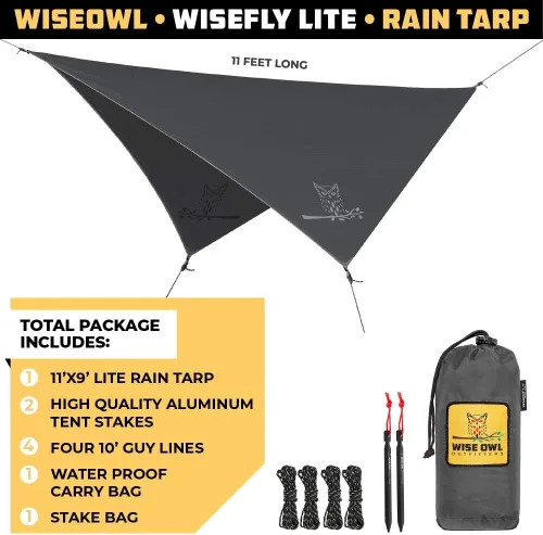 Miniatura 2 de Wise Owl Outfitters Toldo para Hamaca – Funda de lona impermeable para acampar con estacas de tienda de campaña y bolsa de transporte, refugio Gris