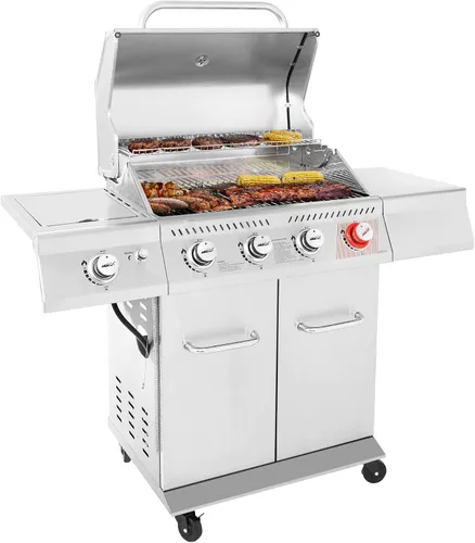 Royal Gourmet GA4402S Parrilla de gas propano de 4 quemadores con quemador lateral y estante de calentamiento, parrilla de gas de acero inoxidable