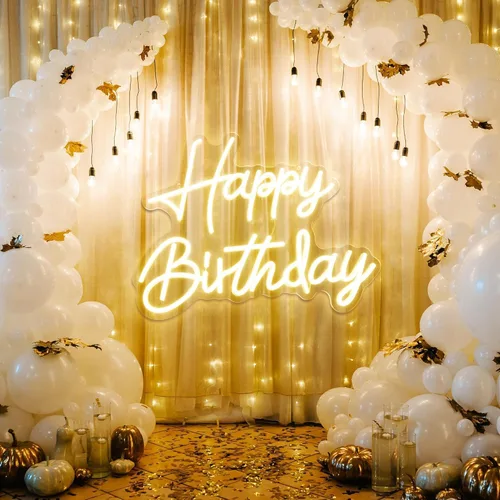 Miniatura 3 de Letrero de neón de feliz cumpleaños, luz regulable, funciona con USB, lindo letrero de neón blanco cálido para colgar en la pared de fondo