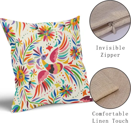 Miniatura 4 de Juego de 2 fundas de almohada con estampado floral mexicano de 18 x 18 pulgadas, diseño étnico colorido de pájaros y flores de cachemira, fundas
