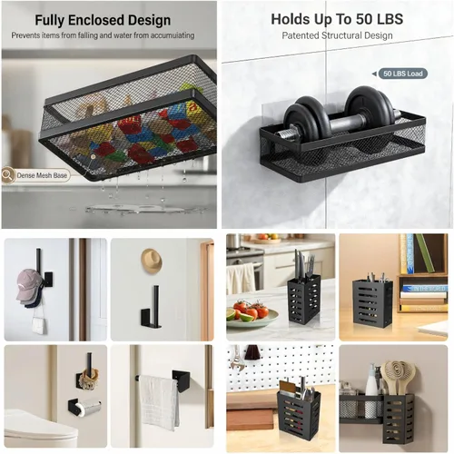Miniatura 4 de PUSDON Paquete de 2 Cestas Colgantes de Pared de Metal para Montaje DIY Adecuadas para Múltiples Escenarios - Malla Negra Media