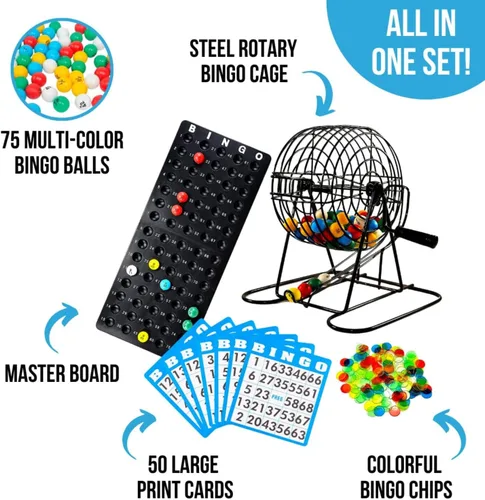 Miniatura 2 de Juego de Bingo Deluxe Regal para Adultos y Niños - Incluye Jaula de Rueda de 8 Pulgadas, 75 Bolas, Tablero Principal, 50 Tarjetas y Fichas Coloridas