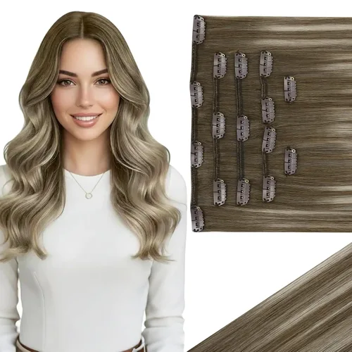 Miniatura 37 de Ve Sunny Extensiones de cabello clip-in de cabello humano real con reflejos, extensiones de cabello con clip para cabello corto, marrón oscuro