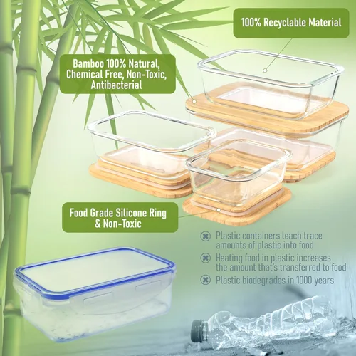 Miniatura 6 de Juego de 4 recipientes de vidrio apilables que ahorran espacio con tapas herméticas de bambú, para almuerzo, comidas y preparación de alimentos