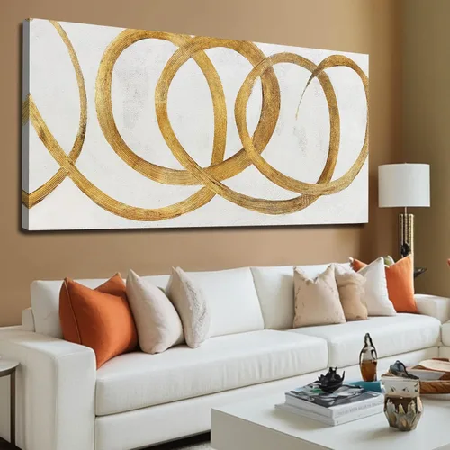 NBAODAN Decoración de pared dorada y blanca con líneas minimalistas, arte abstracto de pared para sala de estar, 24 x 48 pulgadas, lienzo moderno