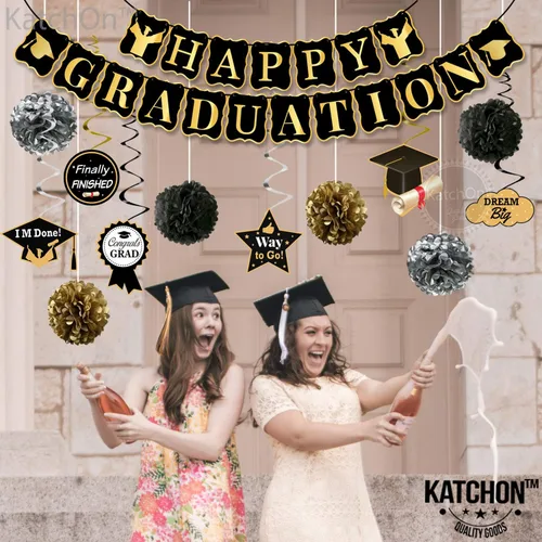Miniatura 2 de Suministros de fiesta de graduación 2020. Cartel de graduación – Decoración de remolinos colgantes Decoración negra y dorada Feliz graduación