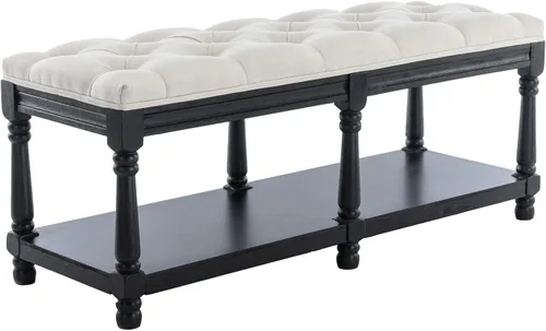 Miniatura 8 de Banco de Almacenamiento Capitoné de Mediados de Siglo con Estante, Banco Otomán Tapizado en Lino Estilo Granja para Entrada/Zapatos con Asiento