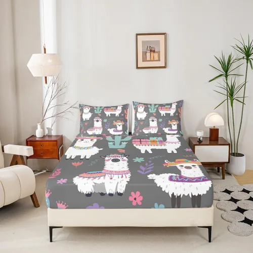 Miniatura 2 de Juego de sábanas para niños, bonito juego de ropa de cama con estampado de llama de dibujos animados y alpaca, sábana bajera ajustable para niños