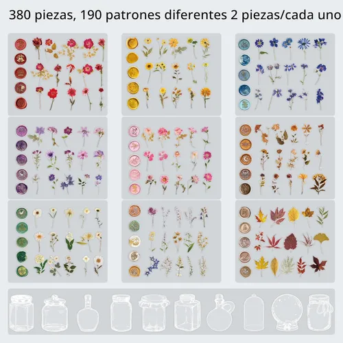 Miniatura 3 de emmoolife Juego de calcomanías de flores prensadas (380 piezas) con temática de flores secas, calcomanías florales botánicas para diarios