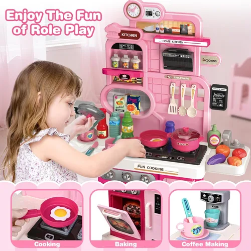 Miniatura 5 de Juego de cocina, juego de cocina para niños con sonido y luz realistas, estufa de cocina, fregadero, comida de juego y accesorios, 57 piezas, Rosa