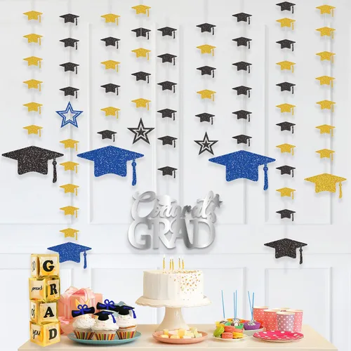 KatchOn, Guirnalda de gorra de graduación con purpurina, 12 cuerdas, sin bricolaje, decoraciones de graduación azules y doradas 2025, decoraciones