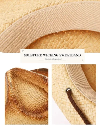 Miniatura 3 de Comhats Sombrero de paja de vaquero redondo de estilo occidental para mujer, cordón de barbilla Fedora de cuero vegano, ala moldeable, vaquera