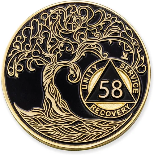 Miniatura 190 de 20 Year Sobriety Mint Twisted Tree of Life - Medallón de recuperación AA chapado en oro, fichas y fichas, color negro