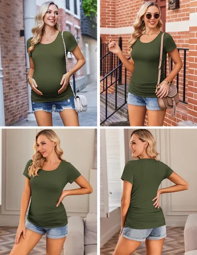 Miniatura 3 de Ekouaer Camisas de maternidad para mujer, paquete de 3 unidades, camiseta de embarazo fruncida lateral, blusa tipo túnica, casual, ropa para mamá