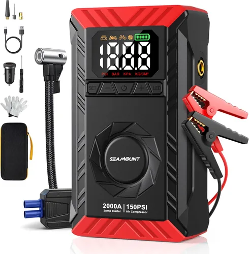SEAMOUNT Arrancador de 2000A con compresor de aire, cargador y potenciador de batería de auto portátil de 12V para motores de 6.0L de gasolina y