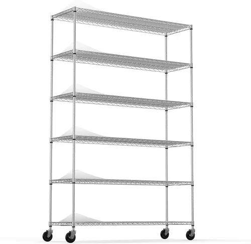 Estantería de alambre de metal NSF de 6 niveles, capacidad de 6000 libras, estante de almacenamiento ajustable resistente con ruedas y Cromado