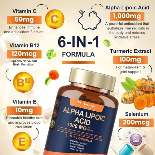 Miniatura 2 de 2 Paquetes de Cápsulas de Suplemento Antioxidante de Ácido Alfa-Lipoico 1000mg para Apoyo a la Neuropatía, Salud de los Nervios, Desintoxicación
