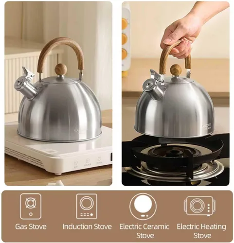 Miniatura 8 de Hervidor de té de acero inoxidable 18/8 para estufa (2L / 2.1 cuartos, tetera silbante, mango de madera) - Plateado