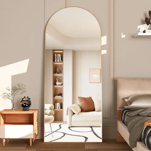 Miniatura 18 de Espejo de longitud completa de 56 x 16 pulgadas, espejo arqueado con soporte de pared, espejo de cuerpo completo plateado, para colocar de pie, Plata