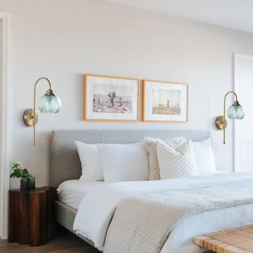 Miniatura 7 de KCO Lighting - Lámpara de pared vintage con globo de vidrio verde y brazo de latón cepillado - Aplique de globo grande, acabado dorado - Lámpara