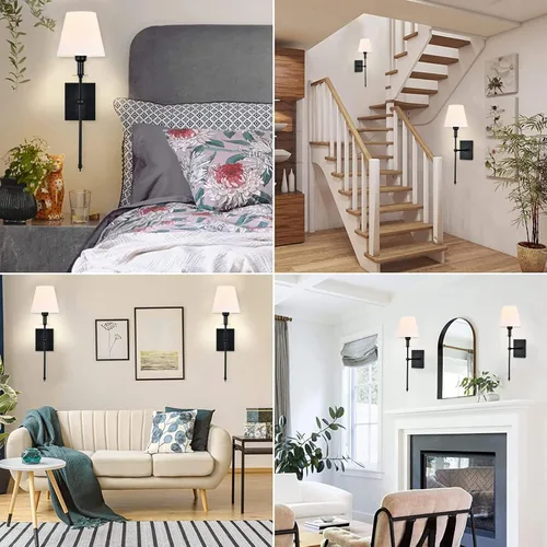 Miniatura 7 de Pauwer Juego de 2 apliques de pared delgados de tela blanca, aplique de pared para interiores, soporte de columna, lámparas de pared para Negro