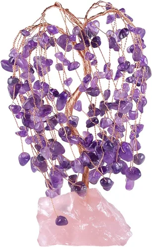 mookaitedecor Árbol de la vida de cristal de amatista con base de piedra áspera de cuarzo rosa, decoración para riqueza y suerte, 6 a 6.7 pulgadas
