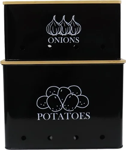 Juego de 2 contenedores de almacenamiento de papas y cebollas, almacenamiento de verduras de metal ventilado con tapas de madera, recipientes de